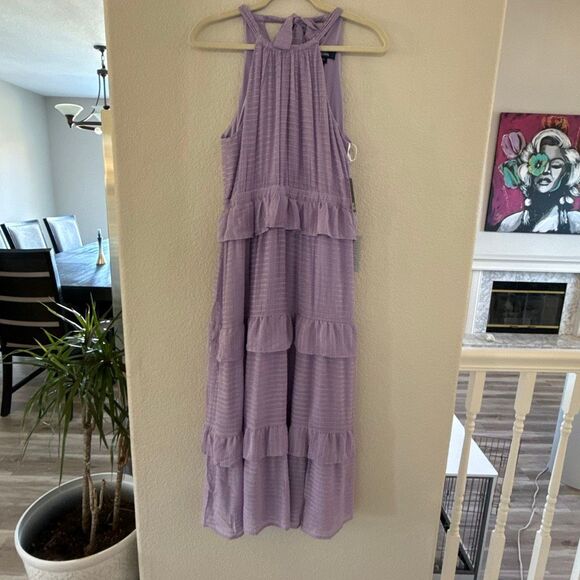 NWT Donna Morgan Lilac halter neck ruffled tiered midi dress. Size 4 - Picture 5 of 13